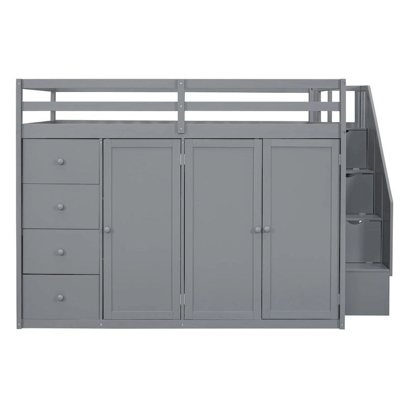 Full Size Wood Loft Bed With Built-in Wardrobes, Cabinets and Drawers
