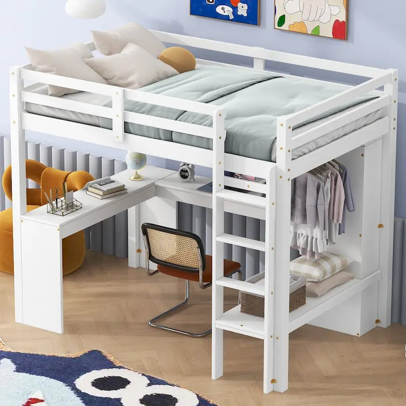 Hochbett in Einzelgröße mit L-förmigem Schreibtisch, Kleiderschrank und Aufbewahrungsregalen