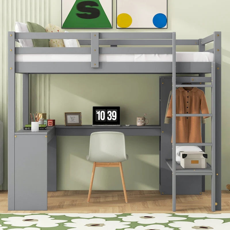 Hochbett in Einzelgröße mit L-förmigem Schreibtisch, Kleiderschrank und Aufbewahrungsregalen