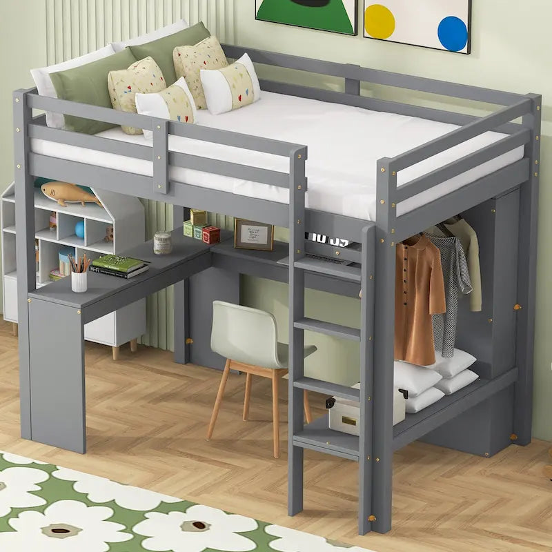 Hochbett in Einzelgröße mit L-förmigem Schreibtisch, Kleiderschrank und Aufbewahrungsregalen
