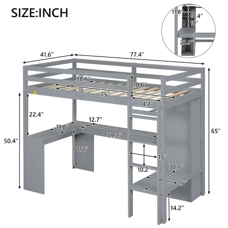 Hochbett in Einzelgröße mit L-förmigem Schreibtisch, Kleiderschrank und Aufbewahrungsregalen