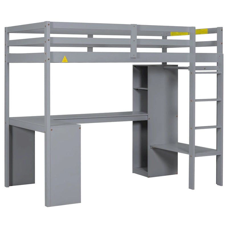 Hochbett in Einzelgröße mit L-förmigem Schreibtisch, Kleiderschrank und Aufbewahrungsregalen