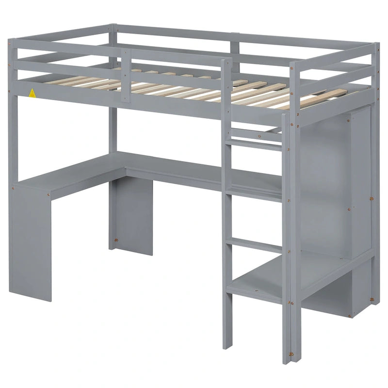 Hochbett in Einzelgröße mit L-förmigem Schreibtisch, Kleiderschrank und Aufbewahrungsregalen