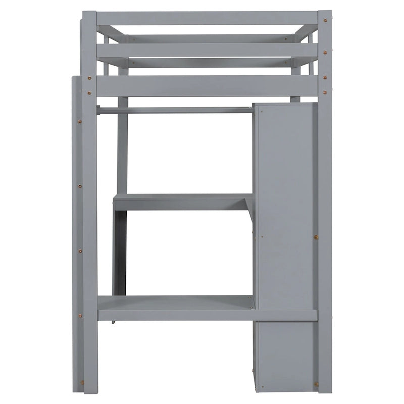Hochbett in Einzelgröße mit L-förmigem Schreibtisch, Kleiderschrank und Aufbewahrungsregalen