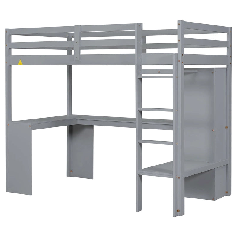 Hochbett in Einzelgröße mit L-förmigem Schreibtisch, Kleiderschrank und Aufbewahrungsregalen