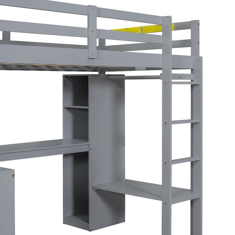 Hochbett in Einzelgröße mit L-förmigem Schreibtisch, Kleiderschrank und Aufbewahrungsregalen