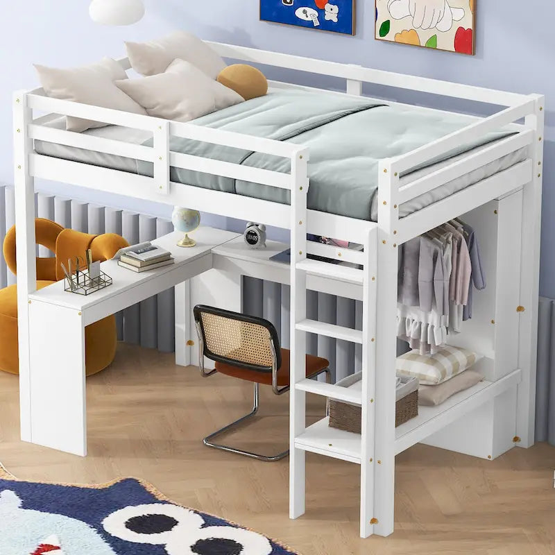Hochbett in Einzelgröße mit L-förmigem Schreibtisch, Kleiderschrank und Aufbewahrungsregalen