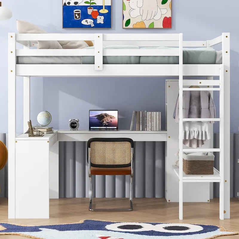 Hochbett in Einzelgröße mit L-förmigem Schreibtisch, Kleiderschrank und Aufbewahrungsregalen