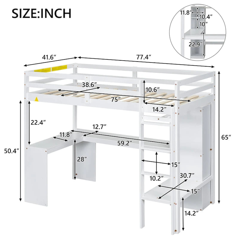 Hochbett in Einzelgröße mit L-förmigem Schreibtisch, Kleiderschrank und Aufbewahrungsregalen