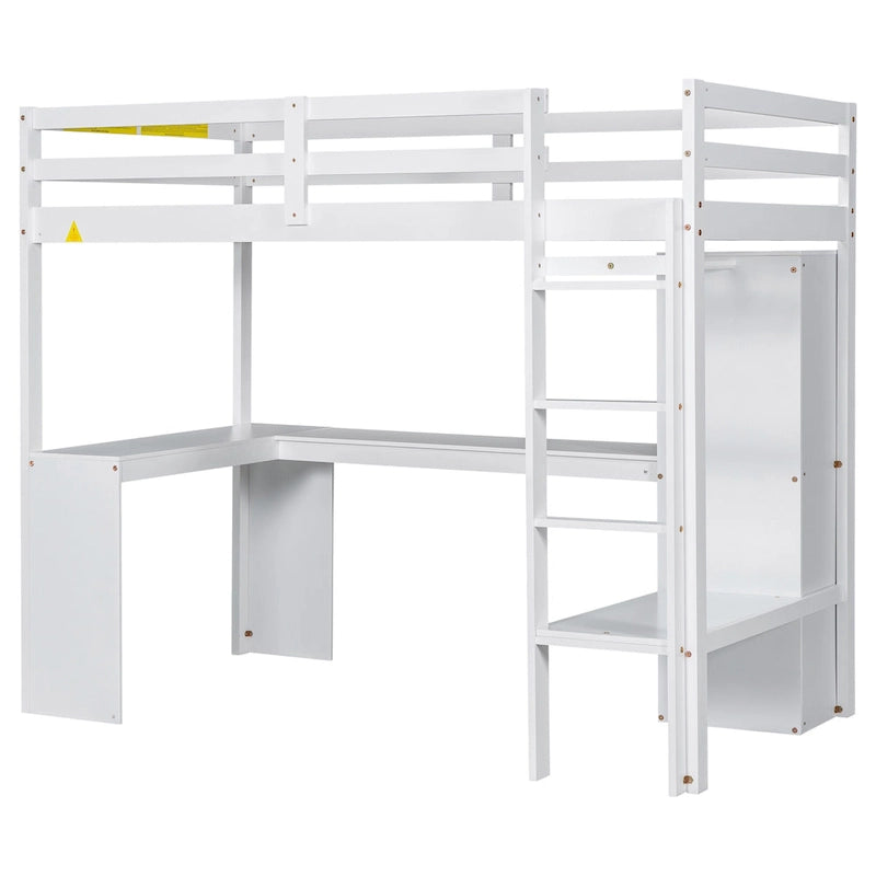 Hochbett in Einzelgröße mit L-förmigem Schreibtisch, Kleiderschrank und Aufbewahrungsregalen