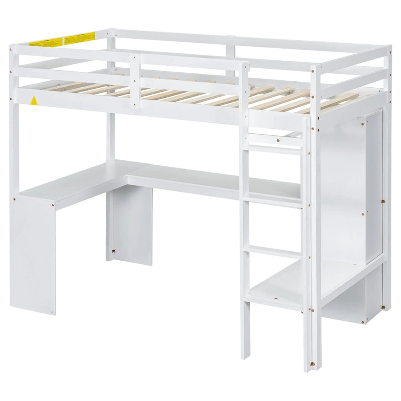 Hochbett in Einzelgröße mit L-förmigem Schreibtisch, Kleiderschrank und Aufbewahrungsregalen