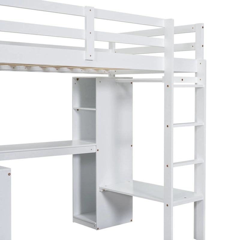 Hochbett in Einzelgröße mit L-förmigem Schreibtisch, Kleiderschrank und Aufbewahrungsregalen