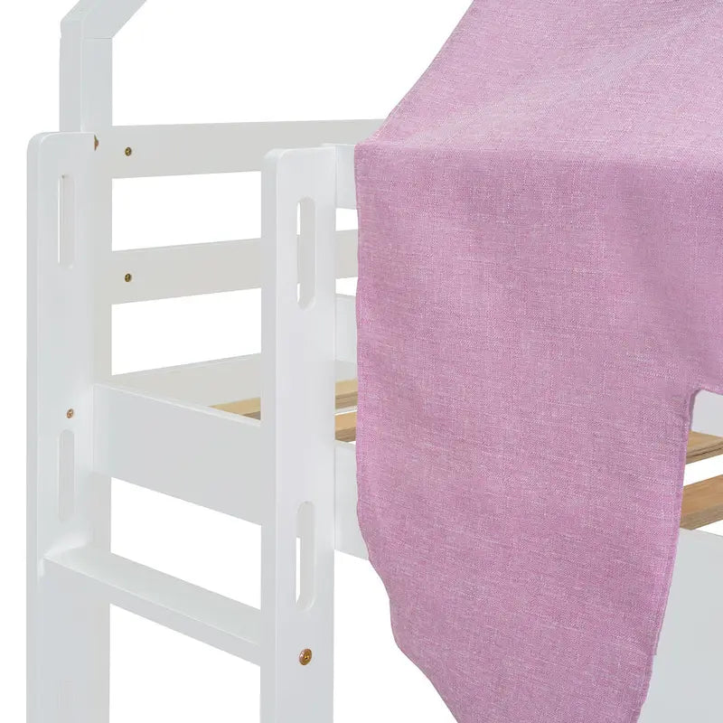 Hochbett aus Holz für zwei Personen mit hausförmigem Gestell und Zelt