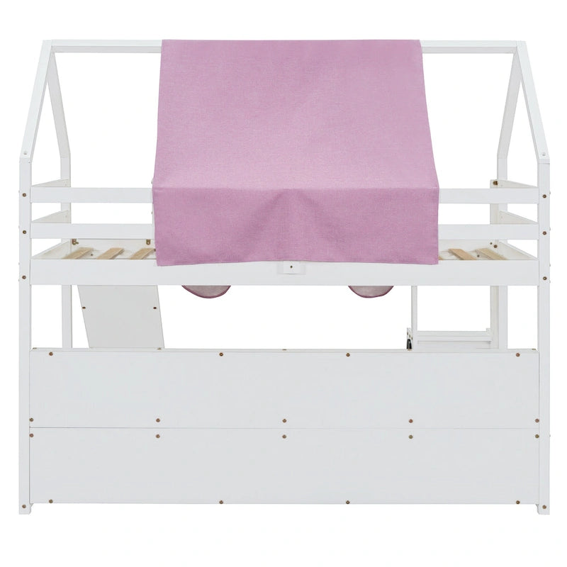 Hochbett aus Holz für zwei Personen mit hausförmigem Gestell und Zelt