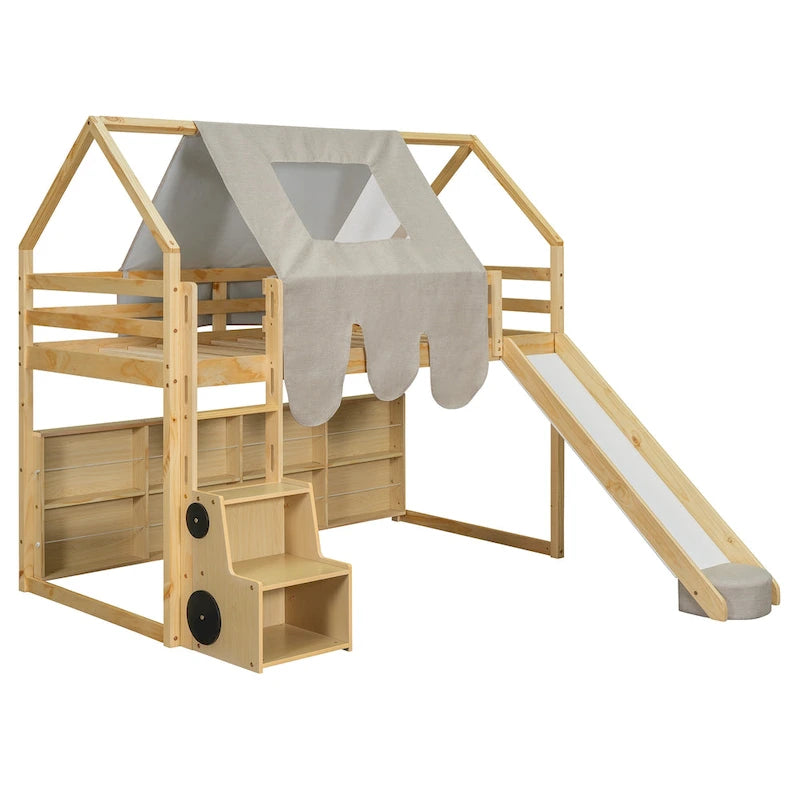 Hochbett aus Holz für zwei Personen mit hausförmigem Gestell und Zelt