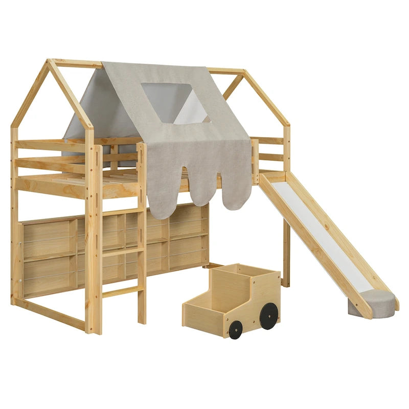 Hochbett aus Holz für zwei Personen mit hausförmigem Gestell und Zelt