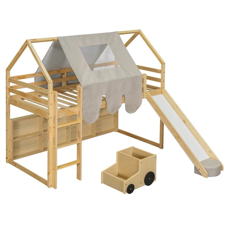 Hochbett aus Holz für zwei Personen mit hausförmigem Gestell und Zelt