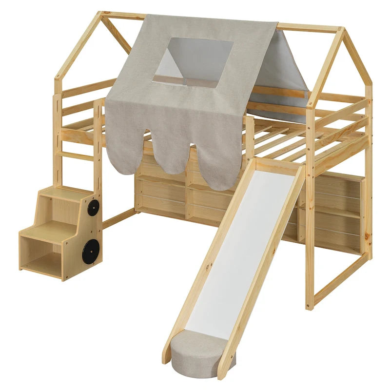 Hochbett aus Holz für zwei Personen mit hausförmigem Gestell und Zelt