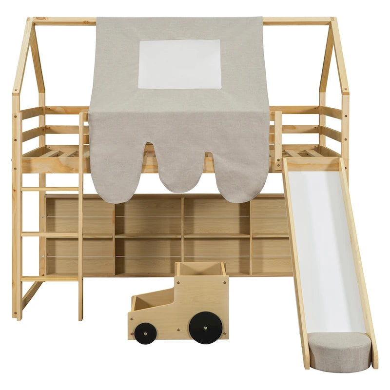 Hochbett aus Holz für zwei Personen mit hausförmigem Gestell und Zelt