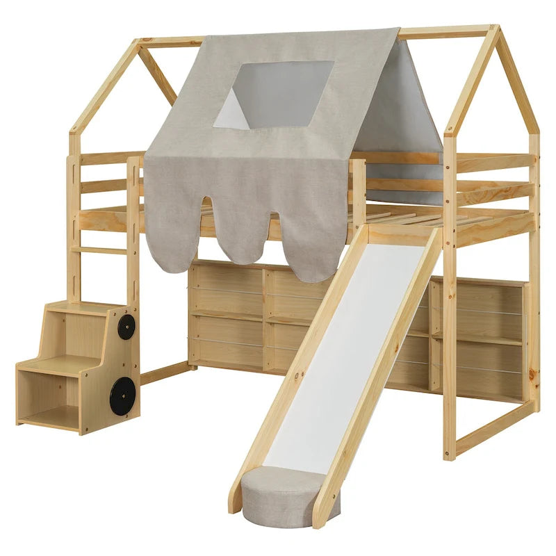 Hochbett aus Holz für zwei Personen mit hausförmigem Gestell und Zelt