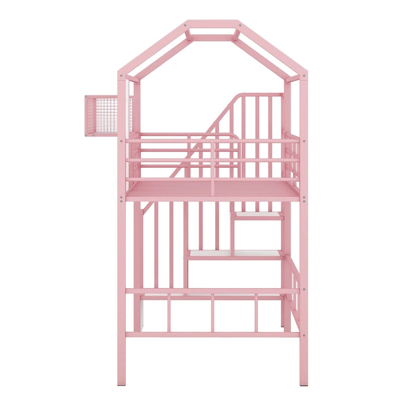 Cama loft metálica tamanho Twin com design de telhado, estrutura com escadas em forma de casa