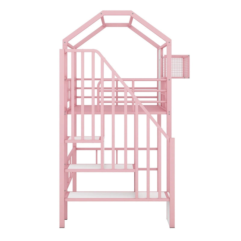 Cama loft metálica tamanho Twin com design de telhado, estrutura com escadas em forma de casa
