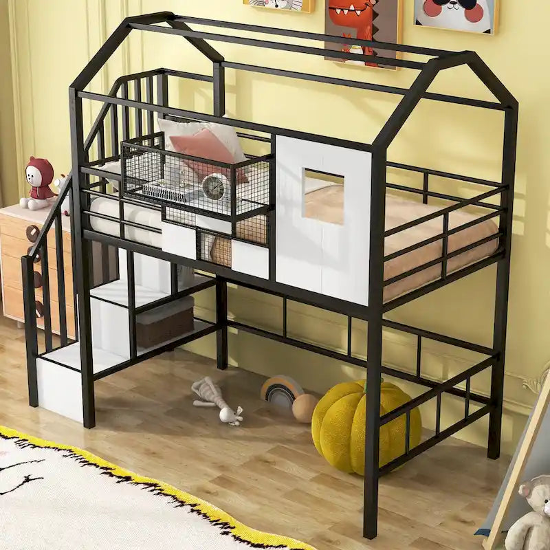 Cama loft metálica tamanho Twin com design de telhado, estrutura com escadas em forma de casa