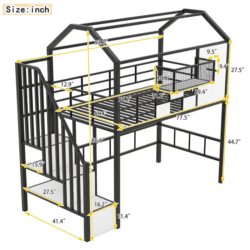 Cama loft metálica tamanho Twin com design de telhado, estrutura com escadas em forma de casa