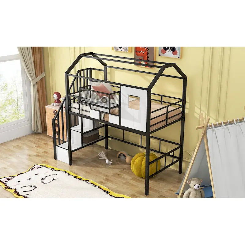 Cama loft metálica tamanho Twin com design de telhado, estrutura com escadas em forma de casa