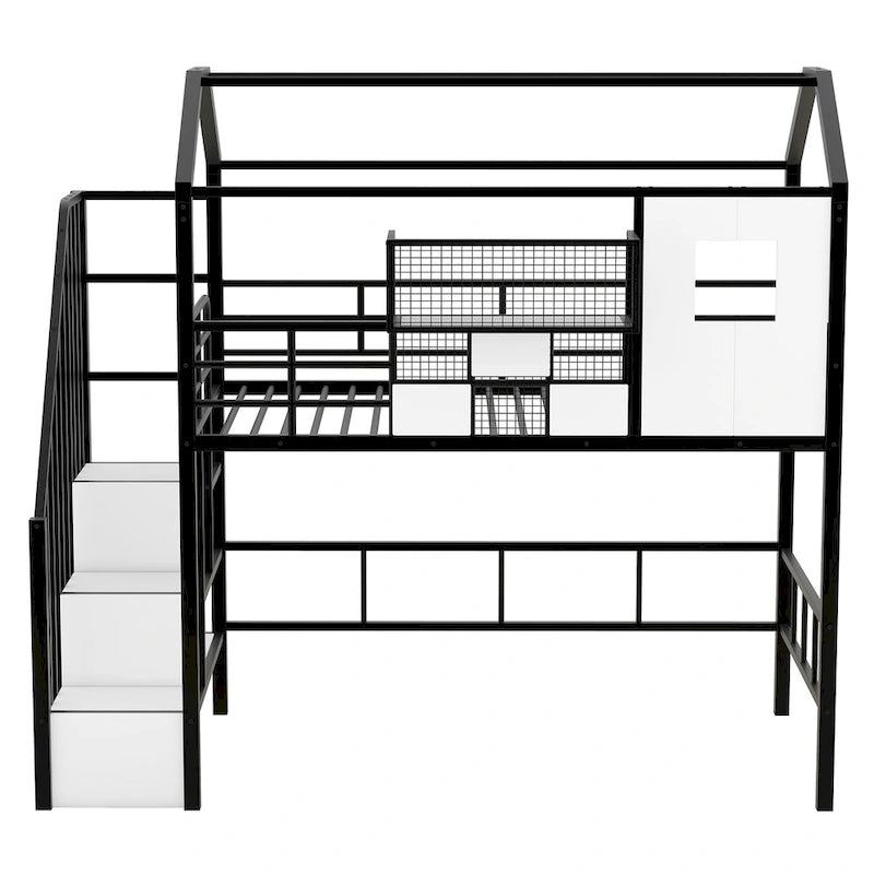 Cama loft metálica tamanho Twin com design de telhado, estrutura com escadas em forma de casa