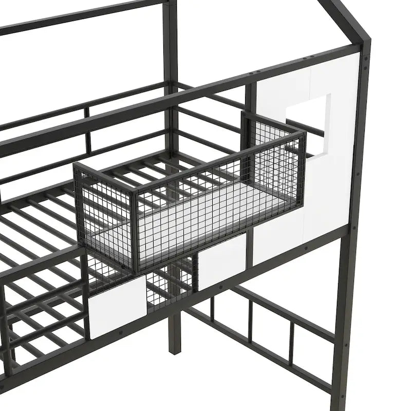 Cama loft metálica tamanho Twin com design de telhado, estrutura com escadas em forma de casa