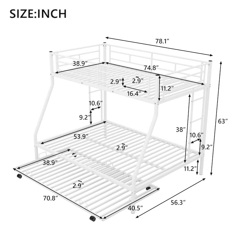 Twin over Full Bed Bunk with Sturdy Steel Frame with Trundle