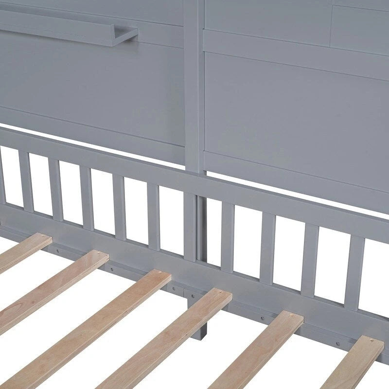 Letto a forma di casa singolo con scaffali, finestra e striscia luminosa scintillante sul tetto