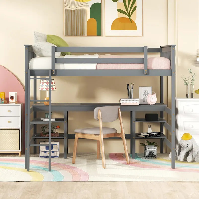 Full Size Loft Bed with Desk and Shelves Wooden Full Loft Bed