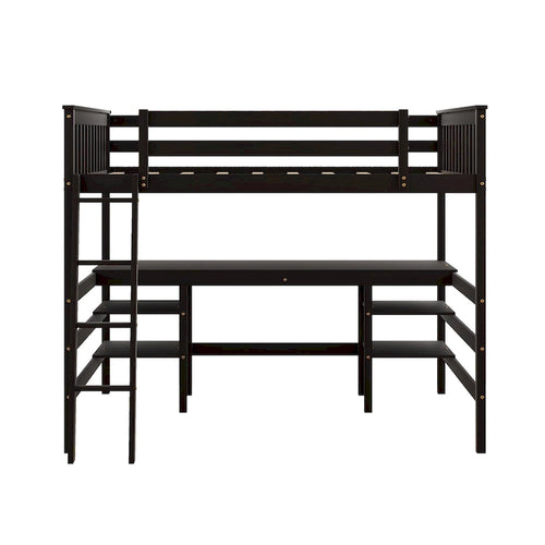 Full Size Loft Bed with Desk and Shelves Wooden Full Loft Bed