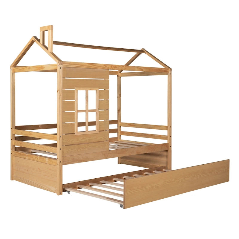 Holzbett in Einzelgröße im Hausstil mit Ausziehbett