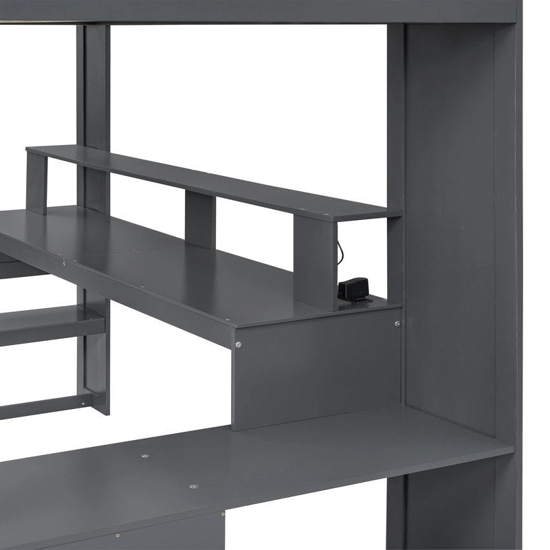 Gaming-Hochbett aus Holz in voller Größe mit Schreibtisch, Regalen mit mehreren Ablagefächern, LED-Beleuchtung und Ladestation, Dunkelgrau