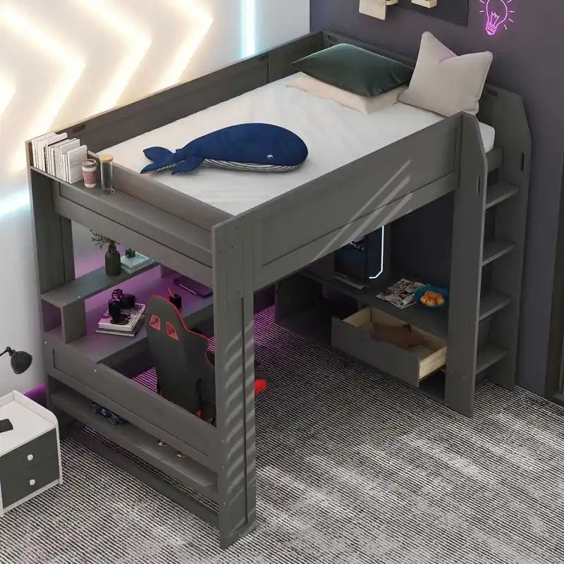 Gaming-Hochbett aus Holz in voller Größe mit Schreibtisch, Regalen mit mehreren Ablagefächern, LED-Beleuchtung und Ladestation, Dunkelgrau