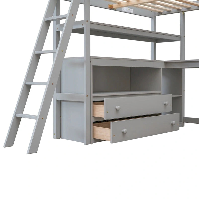 Hochbett aus Holz mit Schreibtisch, Ablagefächern und Schubladen