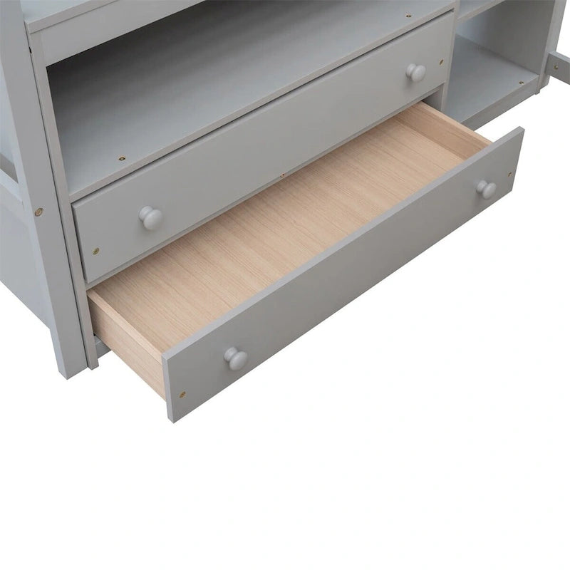 Hochbett aus Holz mit Schreibtisch, Ablagefächern und Schubladen