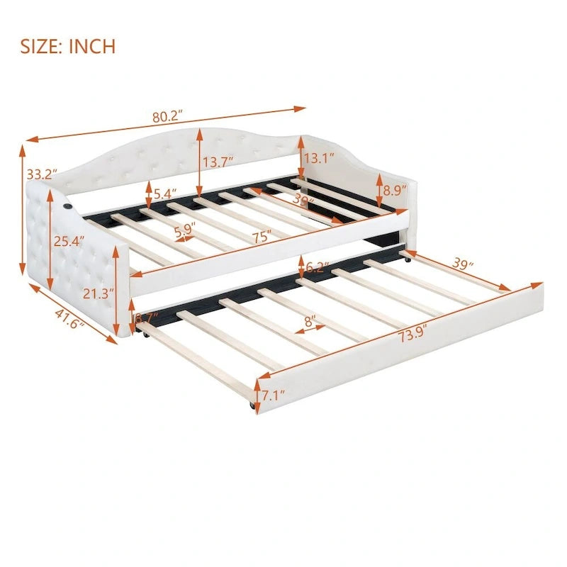 Twin Size Tufted Upholstered Daybed with Trundle ,Velvet Sofabed with USB&Type-C Charging Ports
