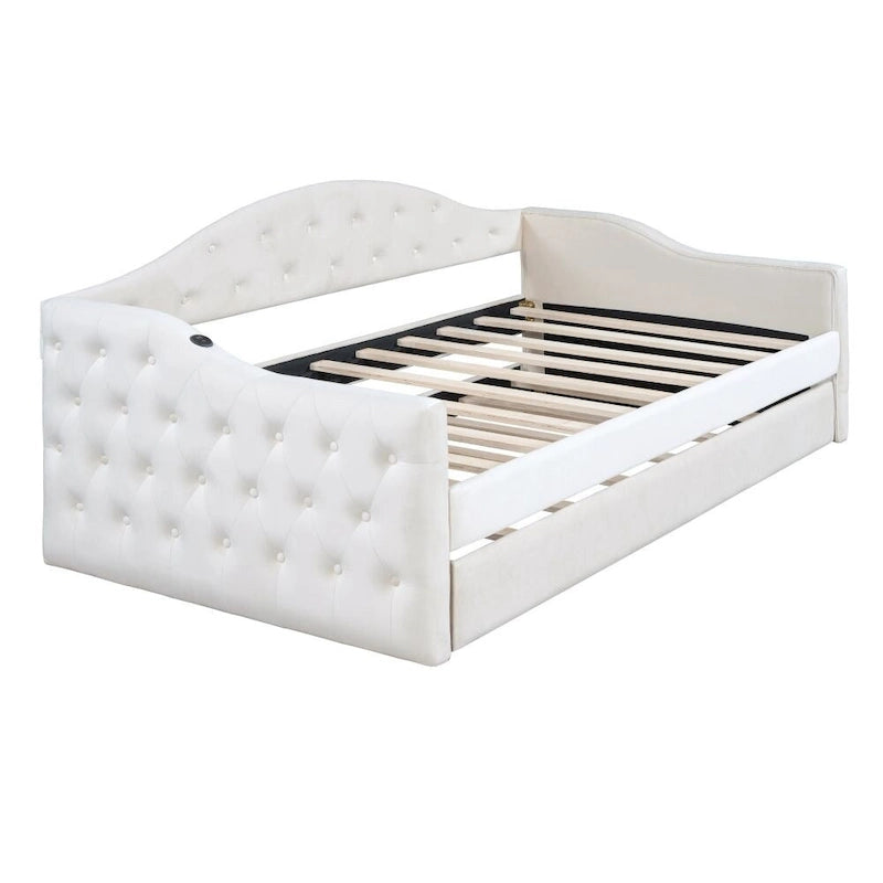 Twin Size Tufted Upholstered Daybed with Trundle ,Velvet Sofabed with USB&Type-C Charging Ports