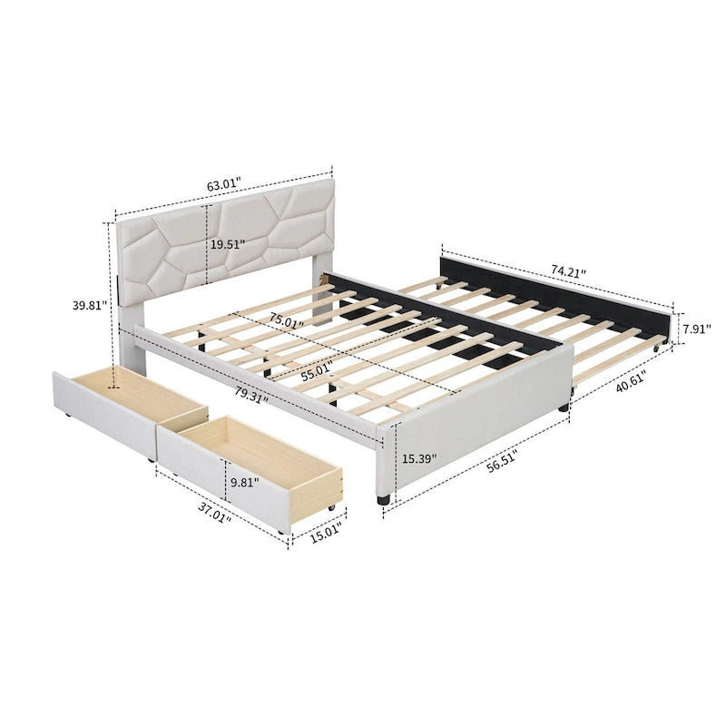 Stilvolles Polsterbett mit Leinenbezug, zwei Schubladen und Ausziehbett