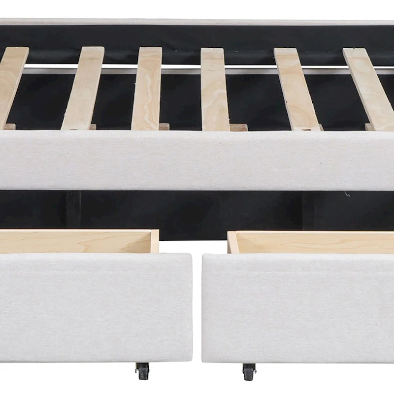 Stilvolles Polsterbett mit Leinenbezug, zwei Schubladen und Ausziehbett