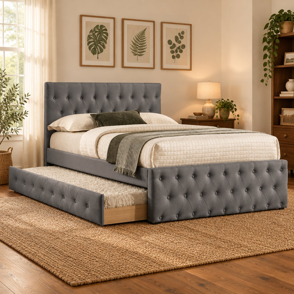 Letto matrimoniale in tessuto completamente imbottito con letto estraibile