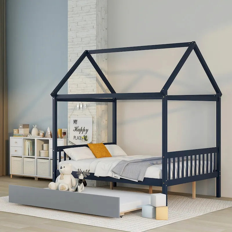 Navy Blue House FullL Bed With Trundle of Grey Color