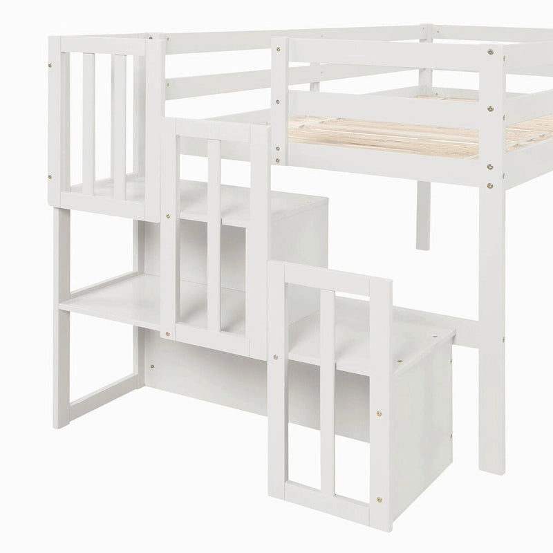Hochbett für zwei Personen mit Treppe und Stauraumstufen