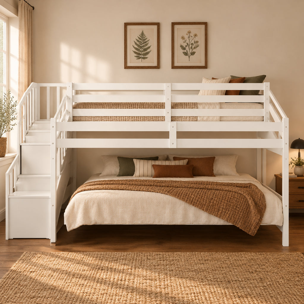 Hochbett für zwei Personen mit Treppe und Stauraumstufen