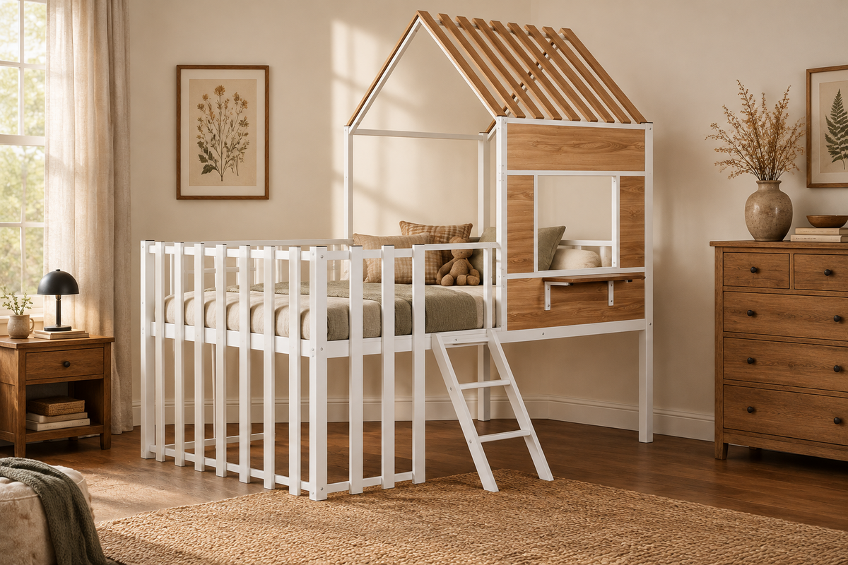 Metal Loft Bed with Roof, Window, Guardrail, Ladder