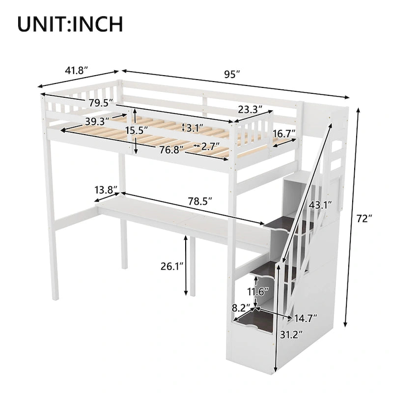 Letto rialzato con scala contenitore e scrivania integrata